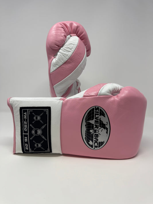 GANTS DE BOXE À LACETS SILVERBACK - TM-250 - BLANC / ROSE -  CRIN DE CHEVAL