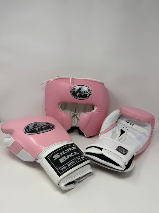 GANTS ET CASQUE DE BOXE EN CUIR - ROSE - BLANC