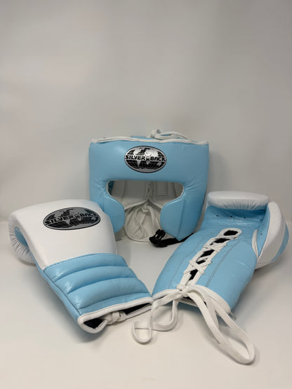 GANTS ET CASQUE DE BOXE EN CUIR - BLANC - BLEU CIEL